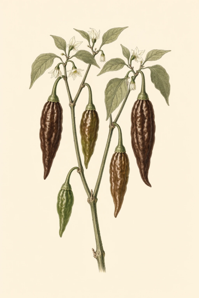 Chocolate Bhut Jolokia botanical illustration